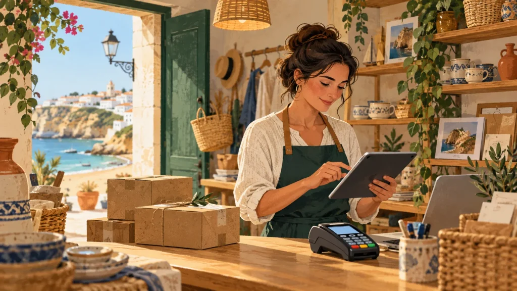 Comerciante a conferir pagamentos e encomendas online numa loja