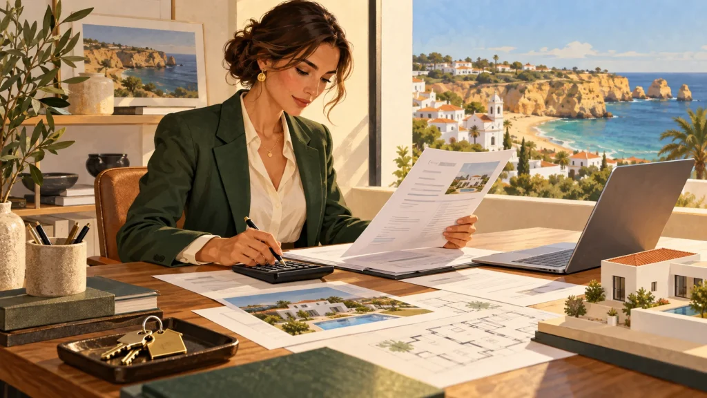 Profissional imobiliária a conferir comissão e documentação de um imóvel