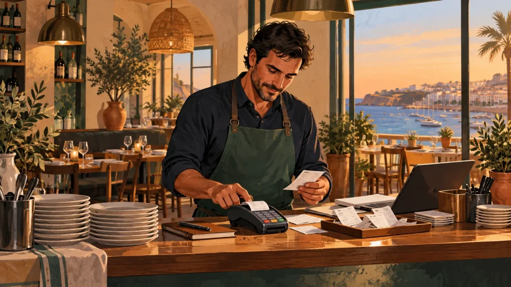 Responsável de restaurante a conferir caixa e pagamentos em Portimão