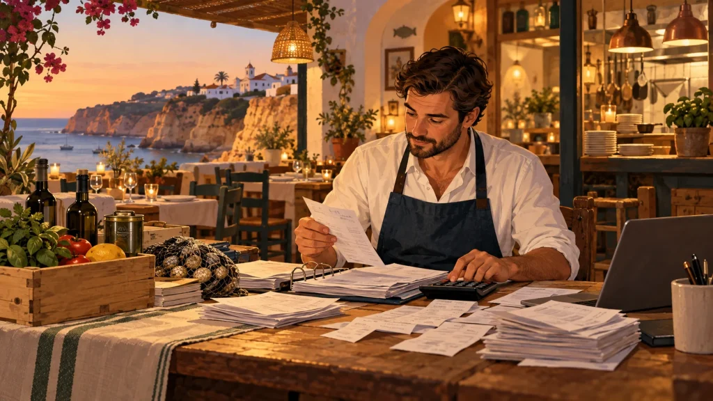 Responsável de restaurante a organizar faturas e documentos mensais