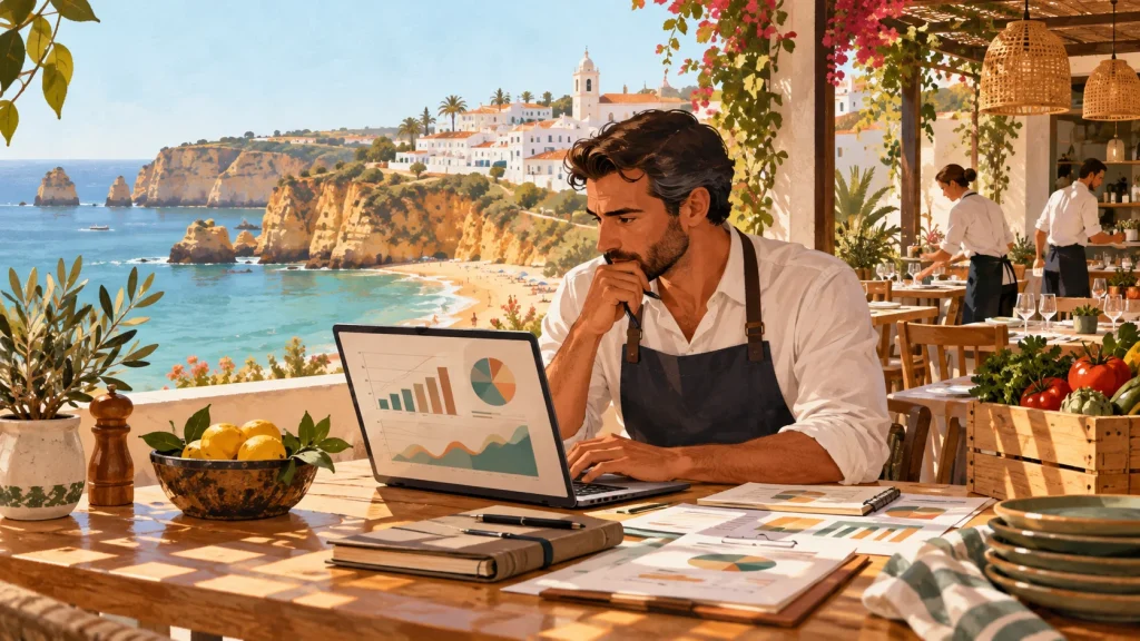 Responsável de restaurante a analisar indicadores de um negócio sazonal no Algarve