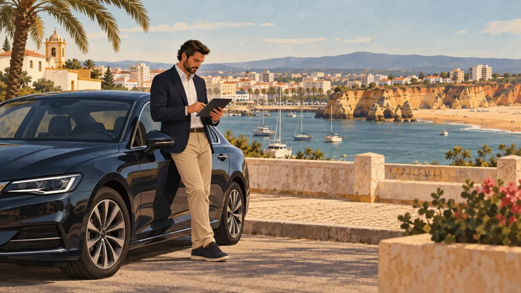 Motorista TVDE a consultar dados de operação junto à viatura no Algarve